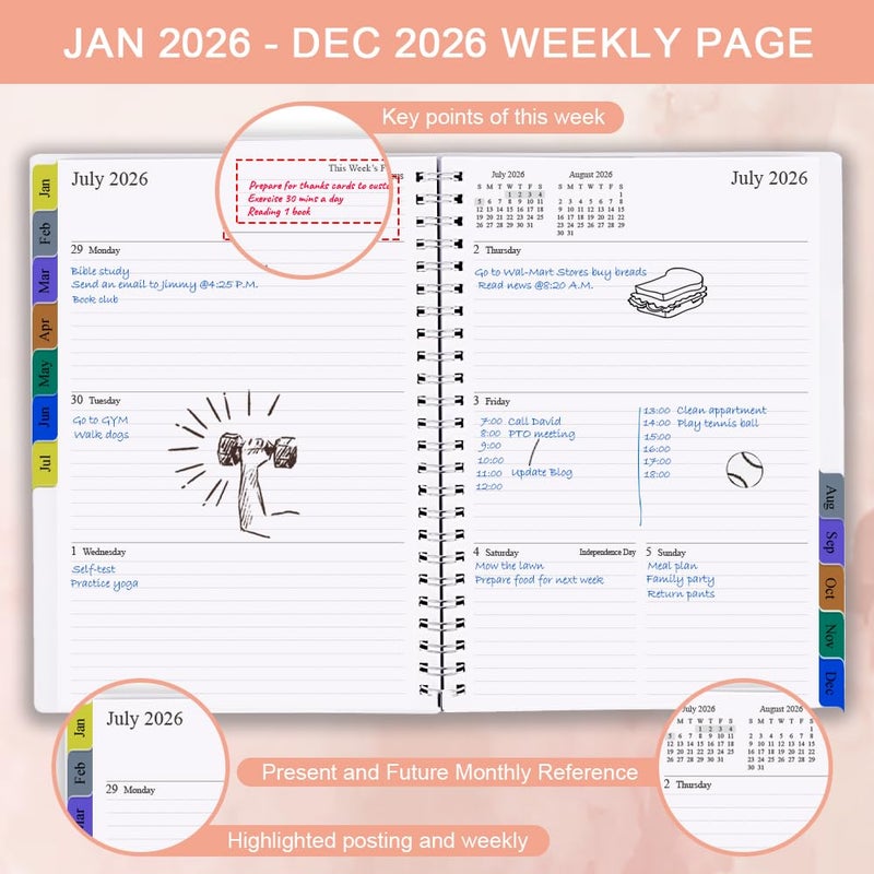 Nokingo 2026 Planner - Weekly & Monthly Planner Runs January 2026 to December 2026, 6.25" x 8.25", 12 Monthly Tabs, 14 Notes Pages, Inner Pocket, Flexible Cover with Twin-Wire Binding, Planners 2026 - Image 3